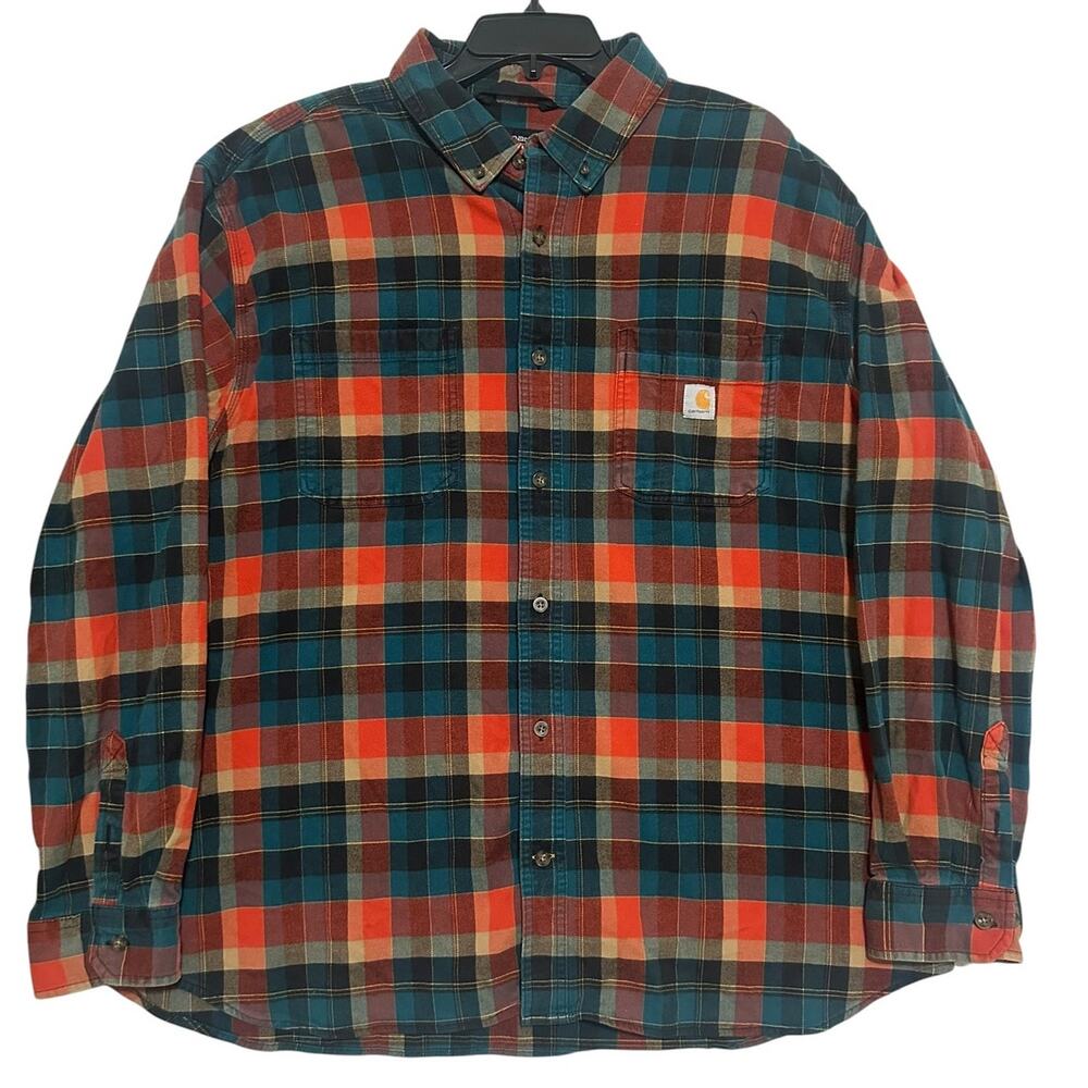 Carhartt Rugged Flex Relaxed Fit Flannel Shirt Men 2XL Teal Orange Plaid